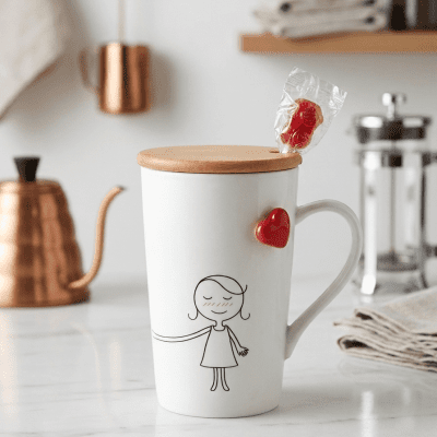 كوب سيراميك بغطاء خشبي وتصميم "فتاة وقلب"  &  Ceramic Mug with Wooden Lid and "Girl & Heart" Design