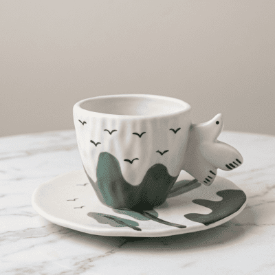 طقم كوب وصحن سيراميك بتصميم الطبيعة  &  Ceramic Cup and Saucer Set with Nature Design