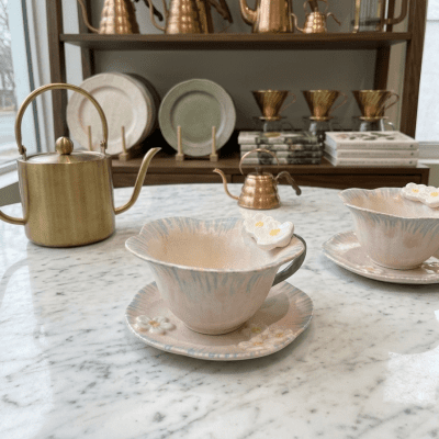 طقم أكواب شاي سيراميك مزينة بزهور بارزة  & Ceramic Tea Cup and Saucer Set with Embossed Flowers
