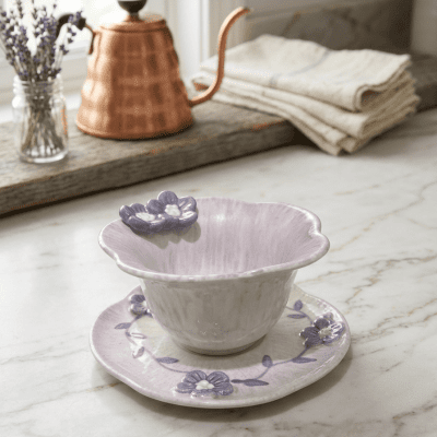 طقم كوب وصحن سيراميك بتصميم زهور أرجوانية  & Ceramic Cup and Saucer Set with Purple Floral Design