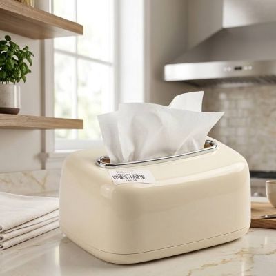 Retro Cream Ceramic-Style Tissue Box Cover with Chrome Trim