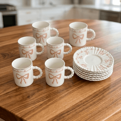 طقم أكواب وأطباق سيراميك مزين بالفيونكات  & : Ceramic Cup and Saucer Set with Bow Design