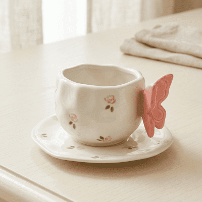 : كوب سيراميك بنقوش ورود وردية مع مقبض على شكل فراشة &  Ceramic Mug with Pink Rose Pattern and Butterfly-Shaped Handle