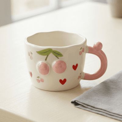 كوب سيراميك بتصميم الكرز البارز ونقوش القلوب &  Ceramic Mug with Embossed Cherry Design and Heart Pattern