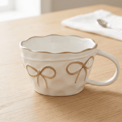 كوب سيراميك بتصميم الفيونكة باللون البيج (أو الذهبي). &  Beige/Gold Bowknot Design Ceramic Mug.