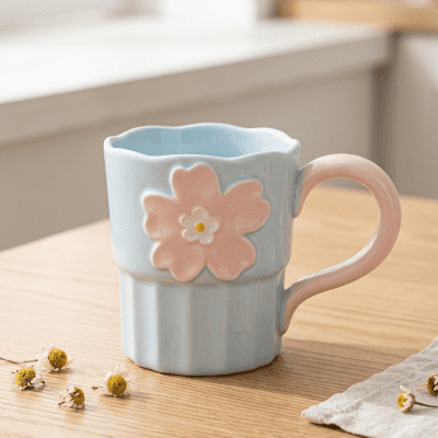 كوب سيراميك بتصميم الزهرة البارزة (اللون السماوي)&  3D Flower Design Ceramic Mug (Pastel Blue).