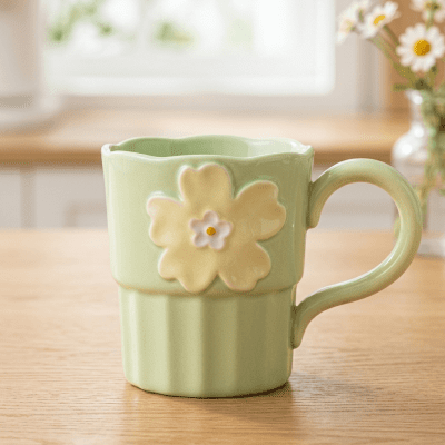 كوب سيراميك بتصميم الزهرة البارزة (اللون الأخضر). &  3D Flower Design Ceramic Mug (Sage Green).
