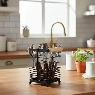Matte Black Metal Wire Cutlery Holder with Wooden Handles