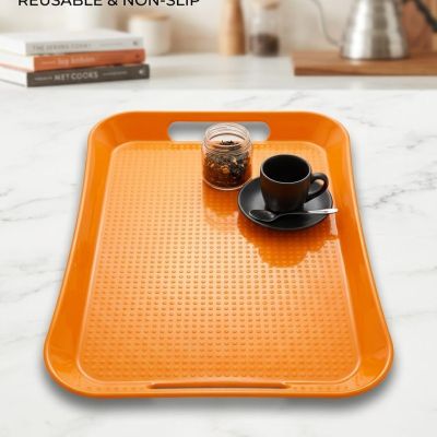 صينية تقديم مستطيلة بلاستيك بمقابض - برتقالي مشرق  Rectangular Plastic Serving Tray with Handles - Vibrant Orange 