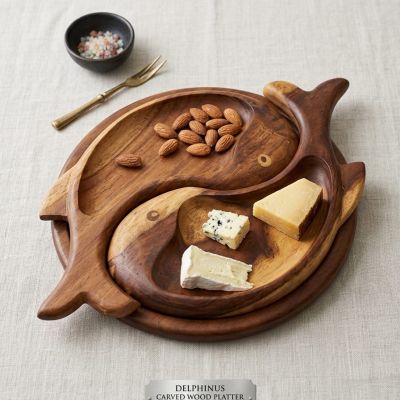 طبق تقديم خشبي بتصميم دلفين مزدوج متداخل (قطعتين) Double Dolphin Interlocking Wooden Serving Platter Set (2 Pieces)  )   