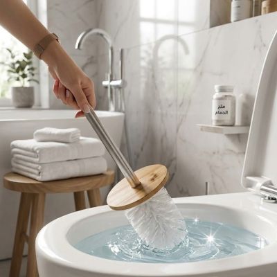 Plastic Toilet Bowl Brush and Holder with Natural Bamboo Lid