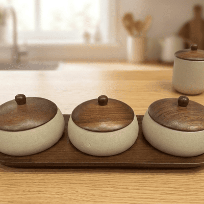 طقم علب توابل سيراميك مع قاعدة وغطاء خشبي& : Ceramic Spice Jar Set with Wooden Lids and Tray.