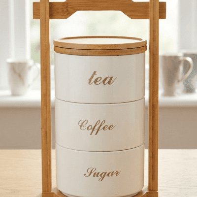 : طقم علب تخزين عمودي (للقهوة والسكر) مع حامل خشبي.  &  Stackable Storage Jar Set (Coffee & Sugar) with Wooden Stand.