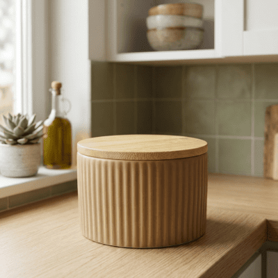علبة تخزين سيراميك مضلعة بغطاء خشبي. &  Ribbed Ceramic Storage Jar with Wooden Lid.