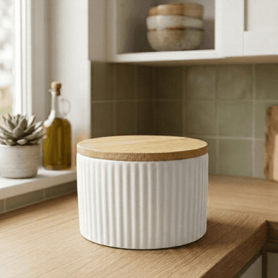علبة تخزين سيراميك مضلعة بيضاء بغطاء خشبي.&  White Ribbed Ceramic Storage Jar with Wooden Lid.