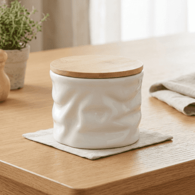 وعاء تخزين سيراميك بغطاء خشبي  & : Ceramic Storage Jar with Wooden Lid