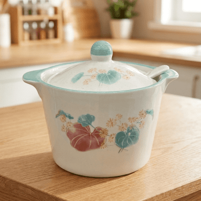 : وعاء سيراميك للتقديم بغطاء وملعقة  & : Ceramic Serving Pot with Lid and Spoon