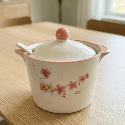 : وعاء سيراميك للتقديم بغطاء وملعقة (نقشة زهور الكرز)  & : Ceramic Serving Pot with Lid and Spoon (Cherry Blossom Design)