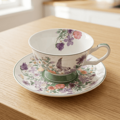 طقم كوب وصحن سيراميك مزين بنقوش الزهور والفراشات  &  Ceramic Cup and Saucer Set with Floral and Butterfly Design