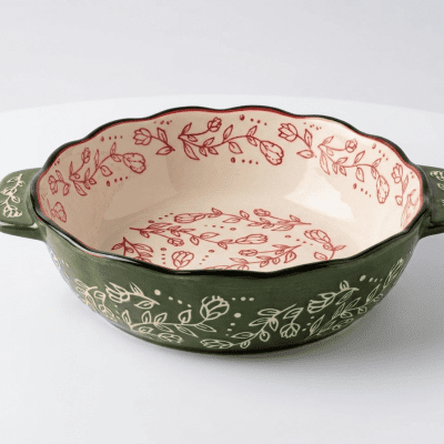 وعاء سيراميك للتقديم بمقابض (تصميم مزخرف)  & : Ceramic Serving Bowl with Handles (Decorative Design)