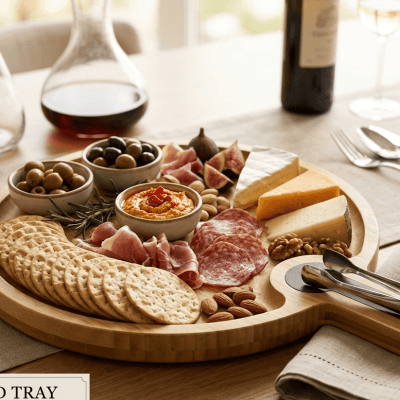 Round Bamboo Charcuterie Board with Serving Handle and Tongs (BIG)