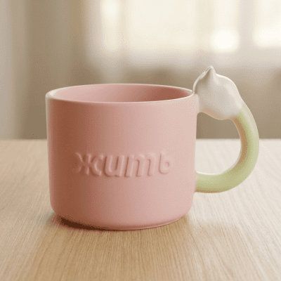 كوب سيراميك وردي بتصميم "أذني القطة" على المقبض.&  Pink Ceramic Mug with Cat Ear Handle.