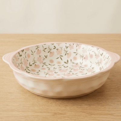 طبق تقديم سيراميك مسطح مزين بنقوش الزهور الرقيقة.  & Shallow Floral Ceramic Serving Dish / Plate.