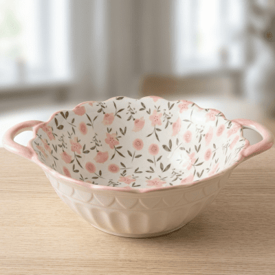 وعاء سيراميك للتقديم بنقوش الزهور والمقابض الوردية&  Floral Ceramic Serving Bowl with Pink Handles.