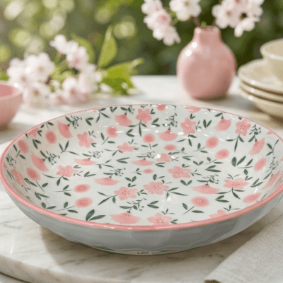 : طبق تقديم سيراميك بنقشة الزهور الوردية  & Floral Print Ceramic Serving Dish