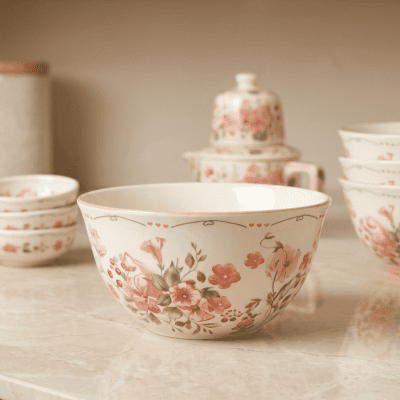 : وعاء تقديم سيراميك مزين بالزهور  & Ceramic Floral Serving Bowl