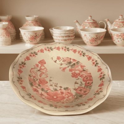 طبق تقديم عميق بحواف مموجة ونقشة زهور  & : Deep Serving Plate with Scalloped Edges and Floral Print