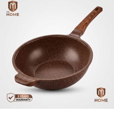 مقلاة جرانيت عميقة (طاسة وك) بمقبض خشبي عازل للحرارة - بني رخامياسم ا: Granite Deep Wok Pan with Wooden Handle - Marble Browو