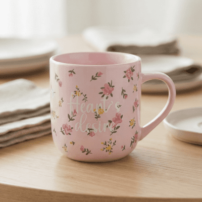كوب سيراميك وردي بنقوش زهور. & : Pink Floral Ceramic Mug.