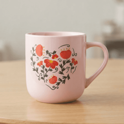 :كوب سيراميك وردي مزين بقلب من الزهور.  &  Pink Ceramic Mug with Floral Heart Design.