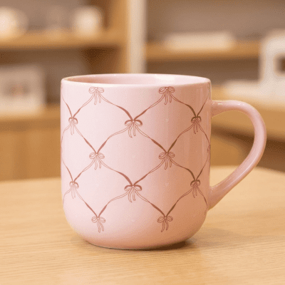 : كوب سيراميك وردي بنقشة فيونكات. &  Pink Bow-Patterned Ceramic Mug.