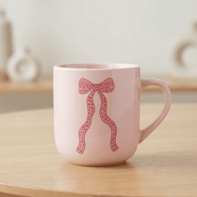 كوب سيراميك وردي مزين بفيونكة منقطة.& : Pink Ceramic Mug with Polka-Dot Bow Design.