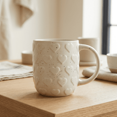 كوب سيراميك بيج بنقوش قلوب بارزة.&  Beige Ceramic Mug with Embossed Heart Pattern.