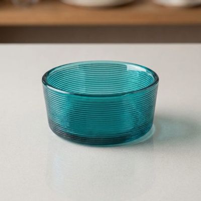  بولة زجاجية دائرية ملونة بتصميم مضلع (لون تركواز).   Ribbed Teal Green Glass Serving and Mixing Bowl.  