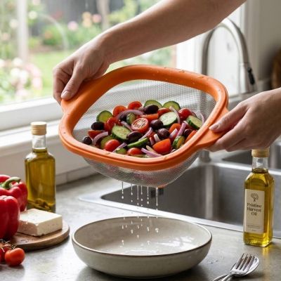 Square Stainless Steel Mesh Colander with Ergonomic Silicone Rim