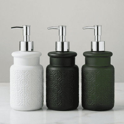 موزع صابون سيراميك بنقوش هندسية (متوفر بـ 3 ألوان )  بالقطعه & : Geometric Patterned Ceramic Soap Dispenser (Available in 3 colors).