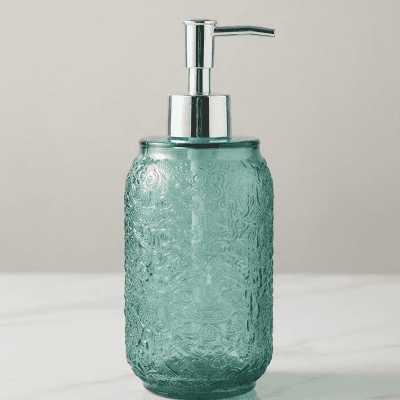 موزع صابون زجاجي بتصميم زخرفي بلون فيروزي.& : Turquoise Decorative Glass Soap Dispenser.