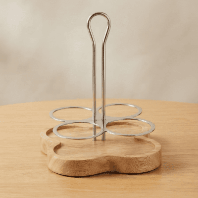 حامل صوصات  تقديم وتوزيع خشبي بمعدن (4 خانات)&  Wooden Serving and Dispenser Rack with Metal (4-Compartment).