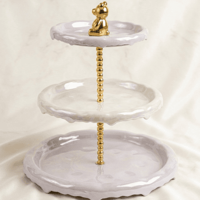  شيالة تقديم بورسلين مودرن 3 أدوار بمقبض دبدوب ذهبي3-Tier Modern Porcelain Serving Stand with Gold Bear Handle