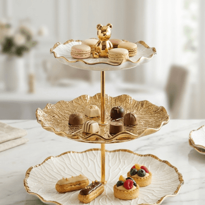 حامل حلويات بورسلين 3 أدوار بحواف ذهبية ومجسم دبدوب: Gold Teddy 3-Tier Porcelain Dessert & Cupcake Stand