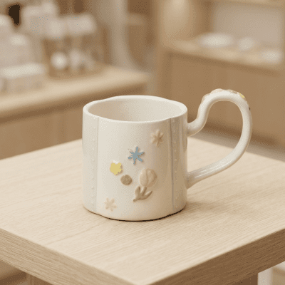  مج سيراميك باستيل ازرق سماوي  بنقوش زهور بارزة مجسمة ومقبض مموج.&: Mint blue Pastel Ceramic Mug with 3D Embossed Floral Patterns and Wavy Handle.