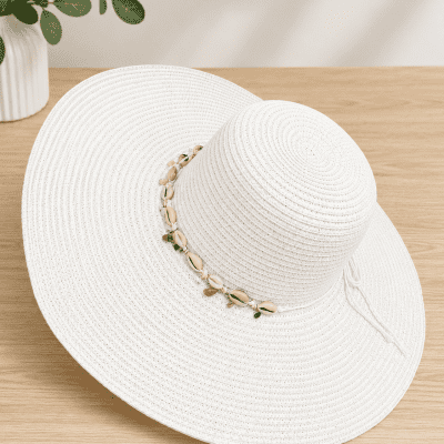 : قبعة شمس صيفية بيضاء عريضة الحافة مزينة بالقواقع البحرية&  Wide-brim white summer sun hat decorated with seashells.