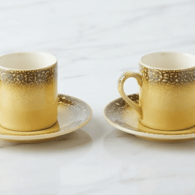طقم فناجين قهوة إسبريسو عدد 2 - تصميم التدرج اللوني الأصفر والمرقش ​ Set of 2 Espresso Coffee Cups - Yellow Gradient and Speckled Design
