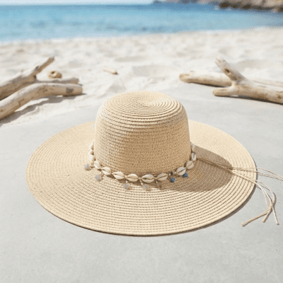 قبعة شاطئ من القش مزينة بأصداف بحرية  & Straw Beach Hat with Seashell Embellishments