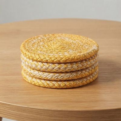 : طقم قواعد أكواب دائرية منسوجة (4 قطع)  برتقالي في ابيض  &  Set of 4 Woven Round Coasters