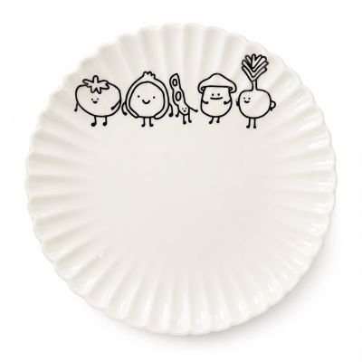طبق سيراميك مضلع برسومات كرتونية (صحن تقديم للأطفال والوجبات الخفيفة).  &  Ceramic Fluted Plate with Cute Vegetable Cartoons / Decorative Snack Plate.